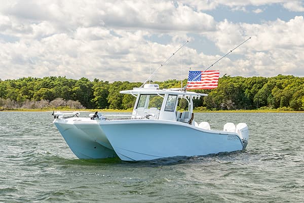 A performance power catamaran running offshore